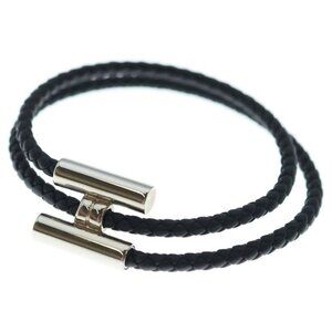 Hermes Tournis Tresse Logo Noir Black Leather Bracelet Silver